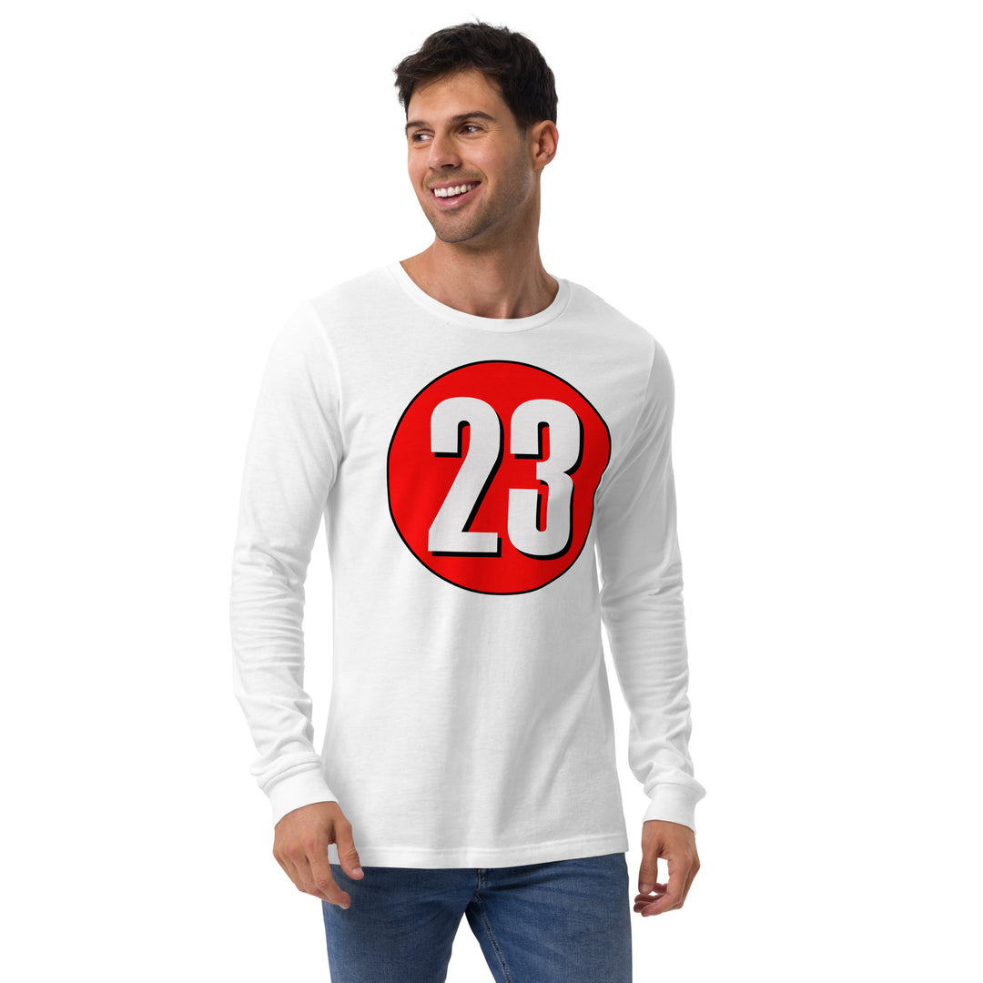 Unisex Long Sleeve Tee: White on Red 23