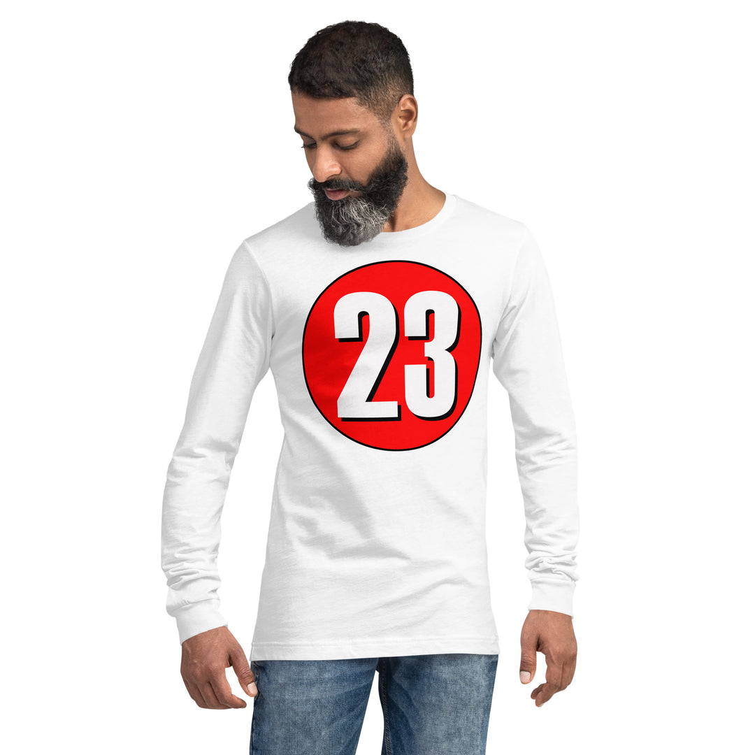 Unisex Long Sleeve Tee: White on Red 23