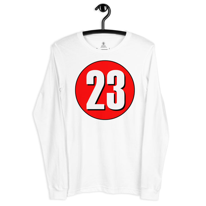 Unisex Long Sleeve Tee: White on Red 23