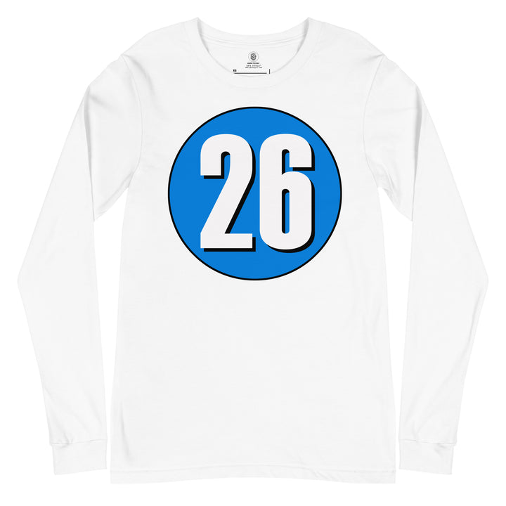 Unisex Long Sleeve Tee: White on Blue 26