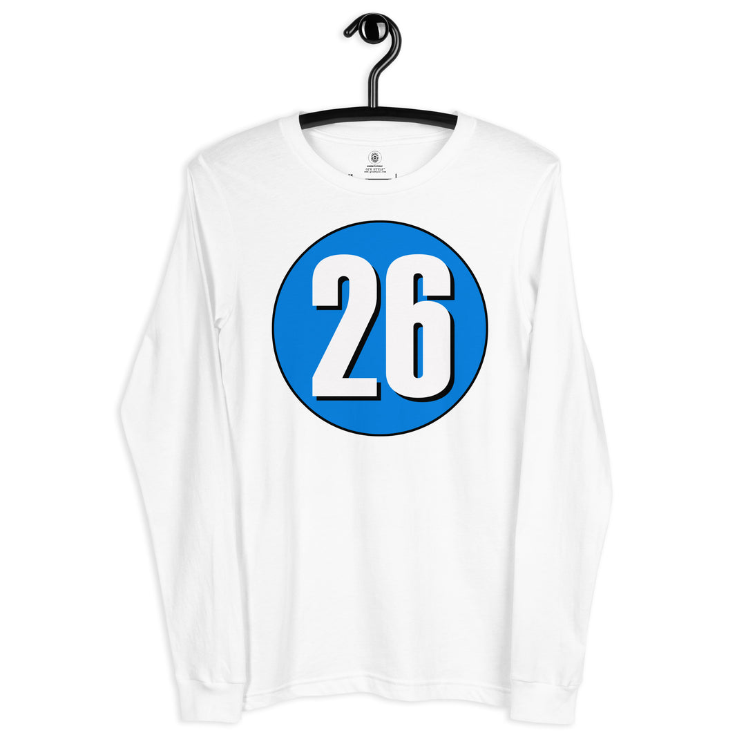 Unisex Long Sleeve Tee: White on Blue 26