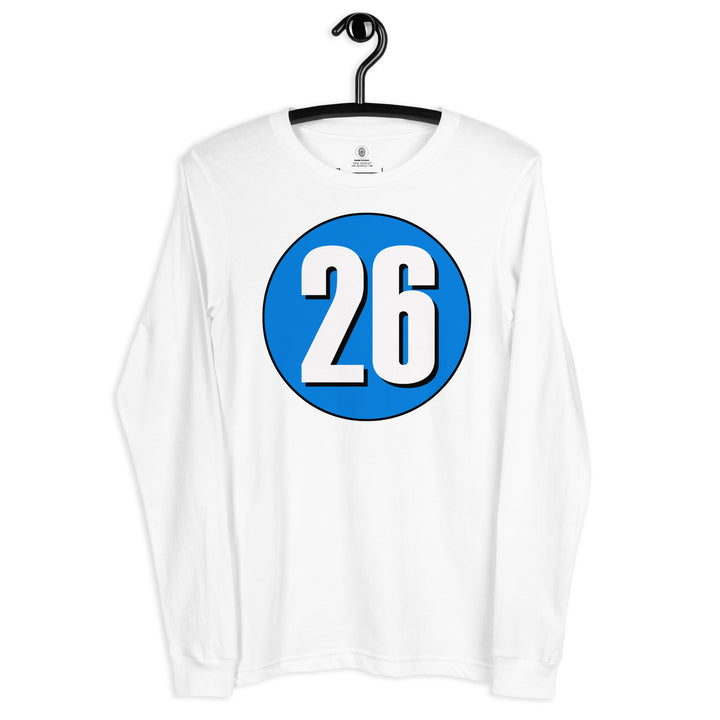 Unisex Long Sleeve Tee: White on Blue 26