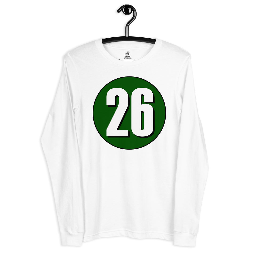 Unisex Long Sleeve Tee: White on Hunter Green 26