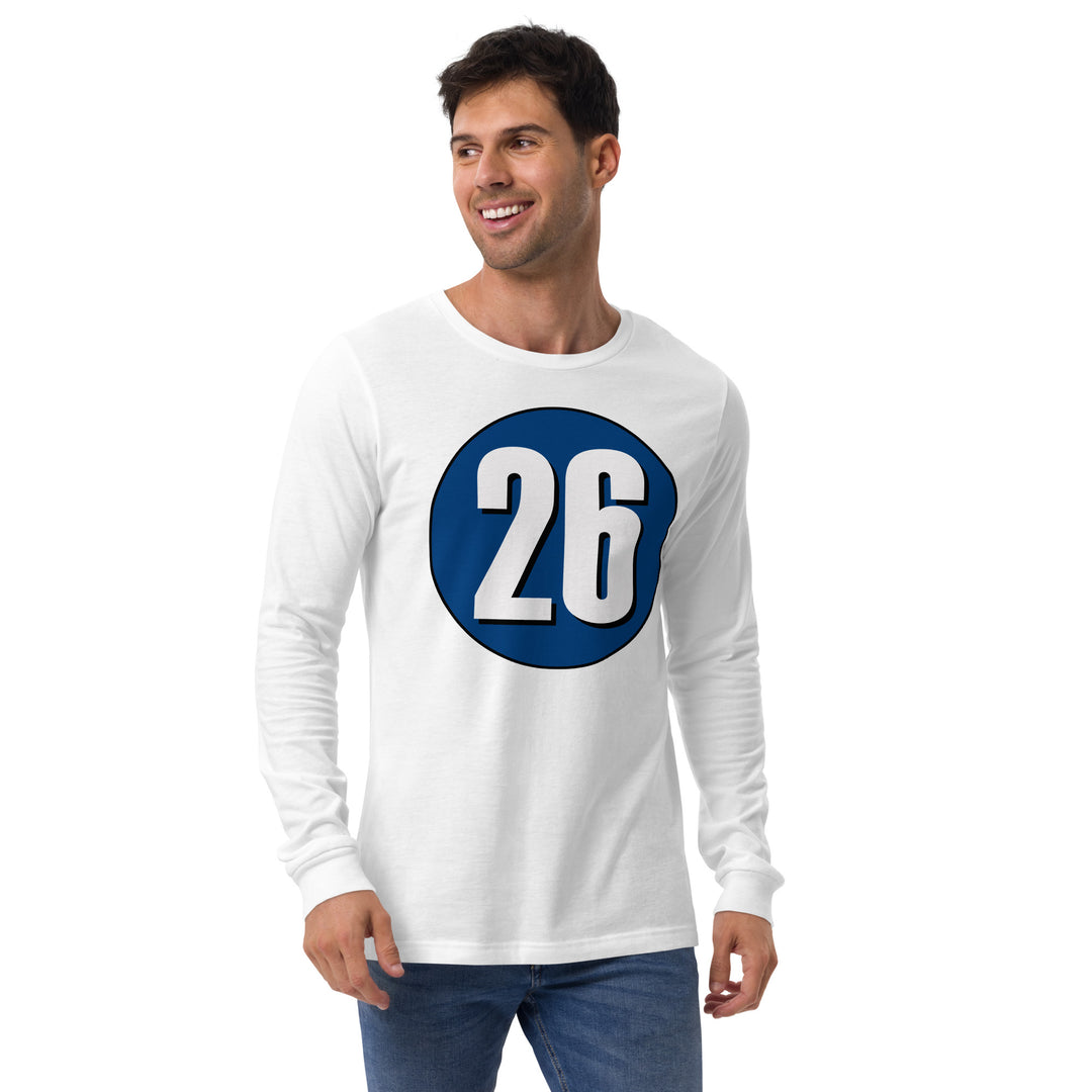 Unisex Long Sleeve Tee: White on Navy Blue 26