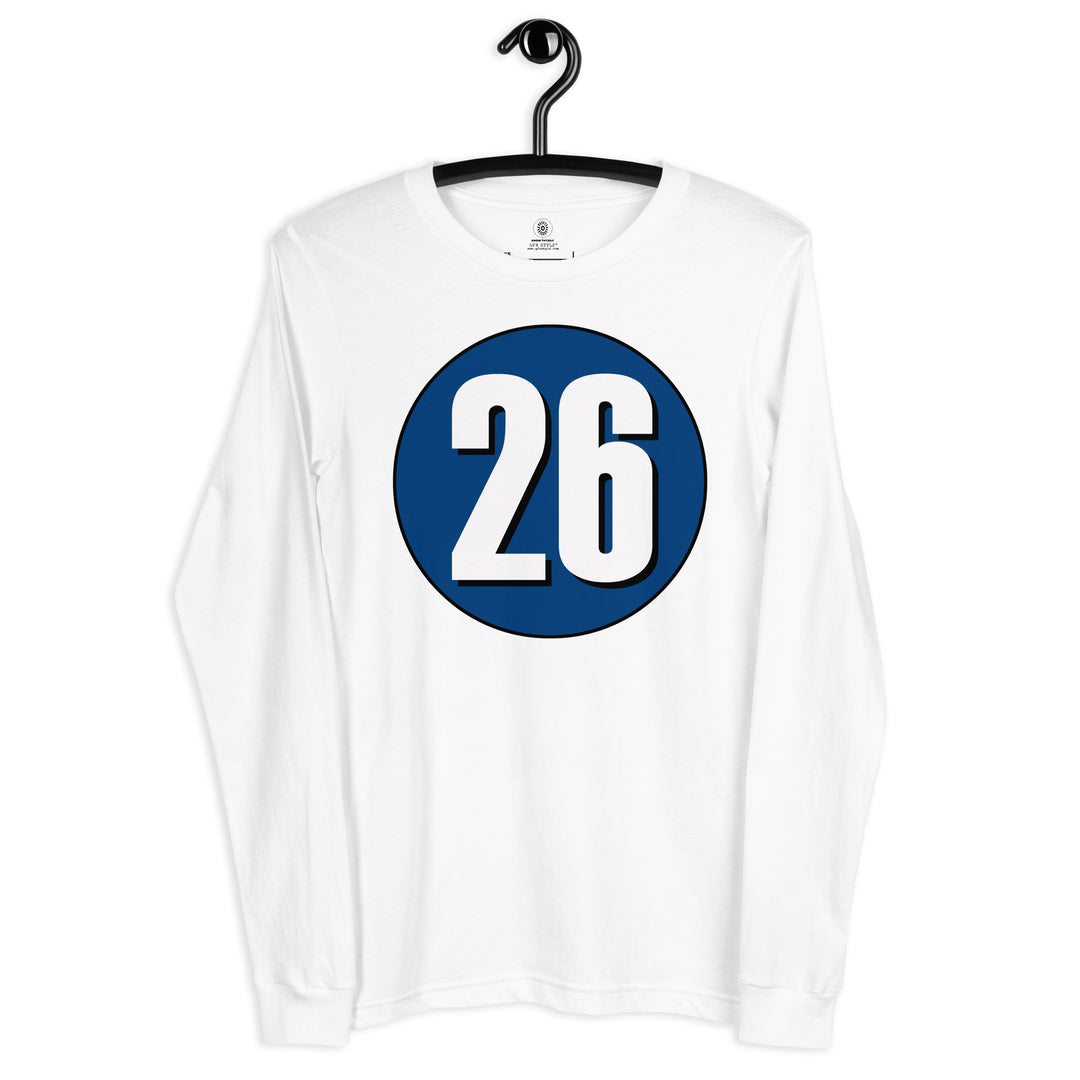 Unisex Long Sleeve Tee: White on Navy Blue 26