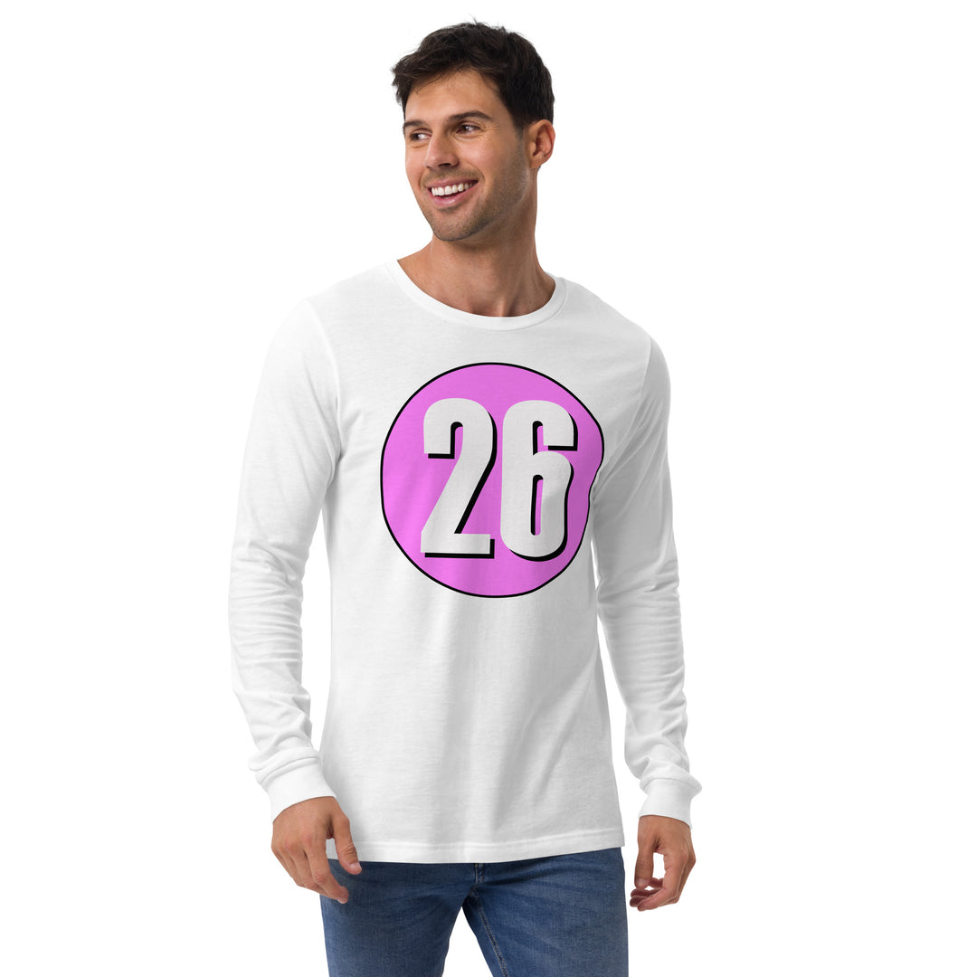 Unisex Long Sleeve Tee: White on Pink 26