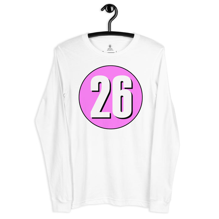 Unisex Long Sleeve Tee: White on Pink 26