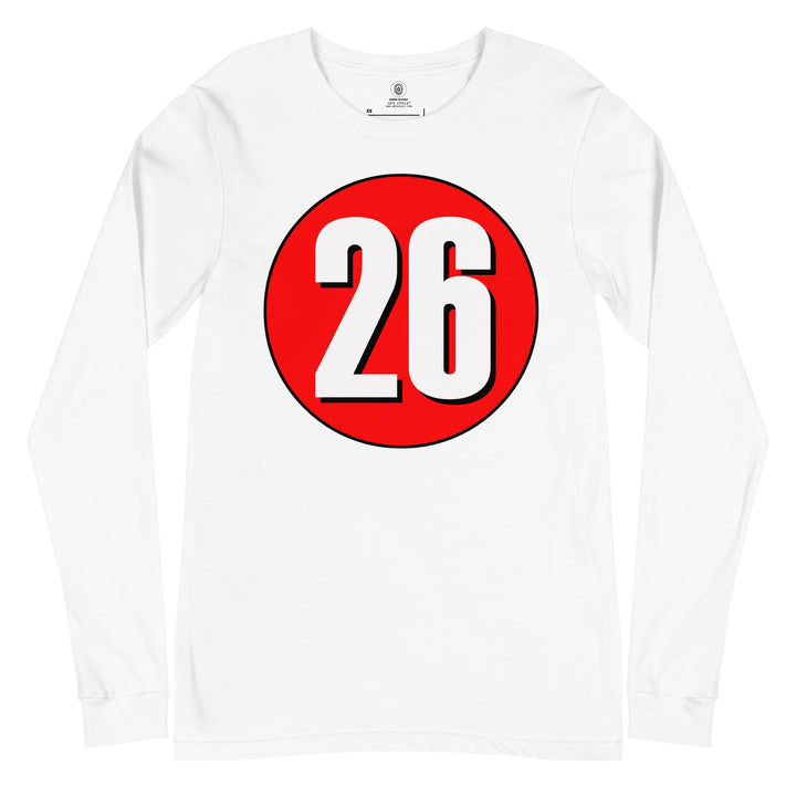 Unisex Long Sleeve Tee: White on Red 26