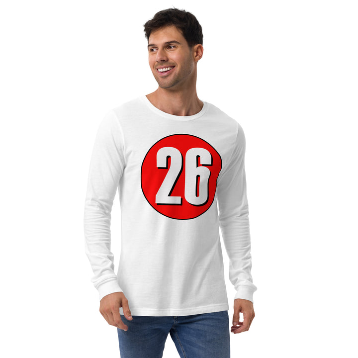 Unisex Long Sleeve Tee: White on Red 26