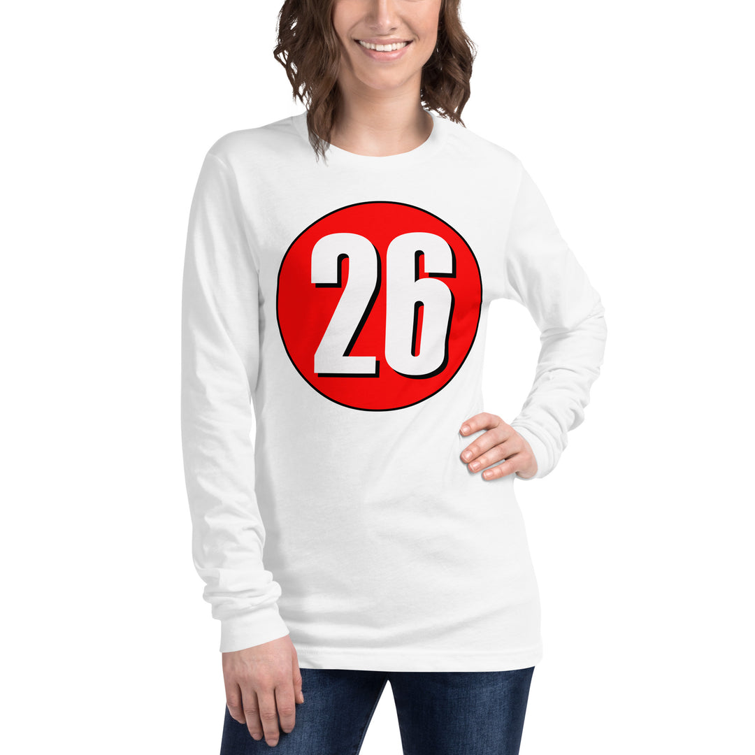 Unisex Long Sleeve Tee: White on Red 26