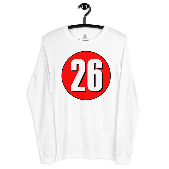 Unisex Long Sleeve Tee: White on Red 26