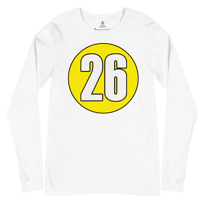 Unisex Long Sleeve Tee: White on Yellow 26