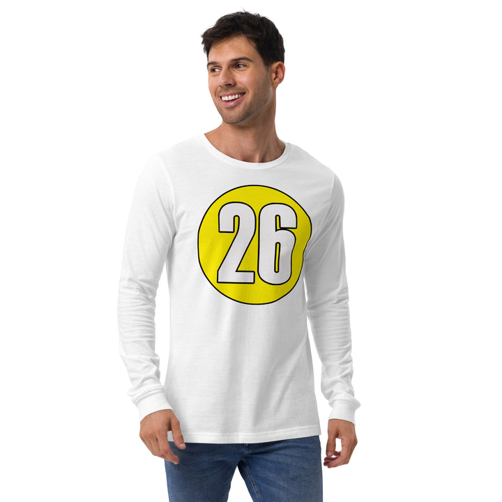 Unisex Long Sleeve Tee: White on Yellow 26