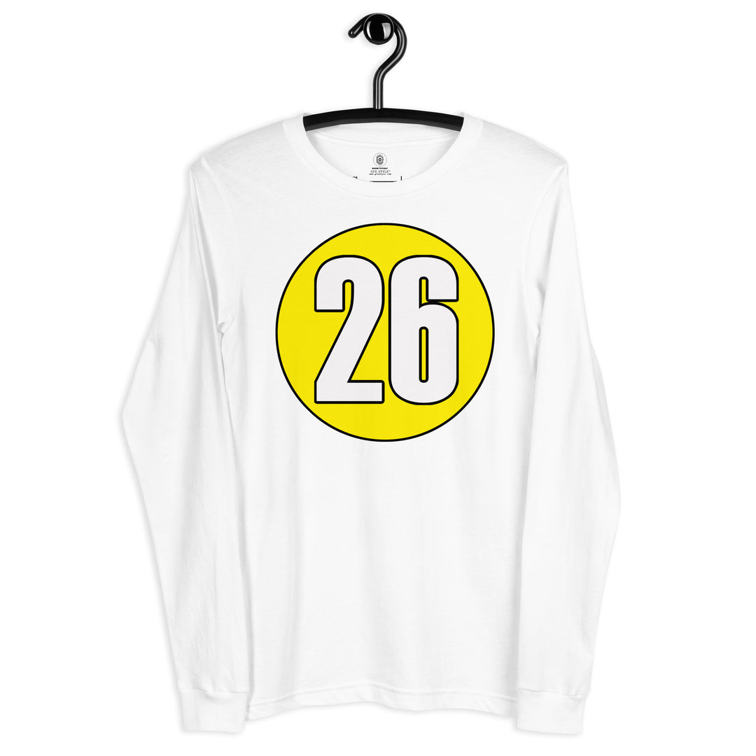 Unisex Long Sleeve Tee: White on Yellow 26