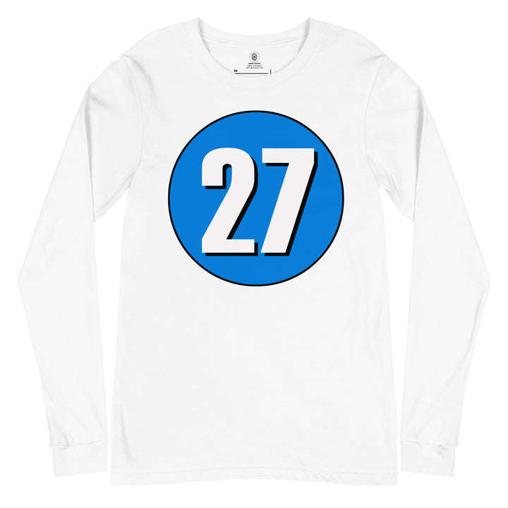 Unisex Long Sleeve Tee: White on Blue 27