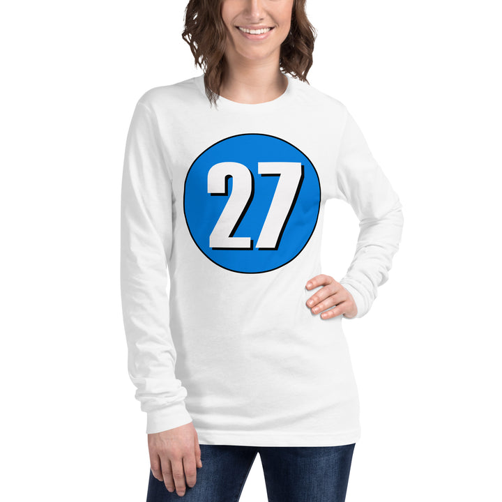 Unisex Long Sleeve Tee: White on Blue 27