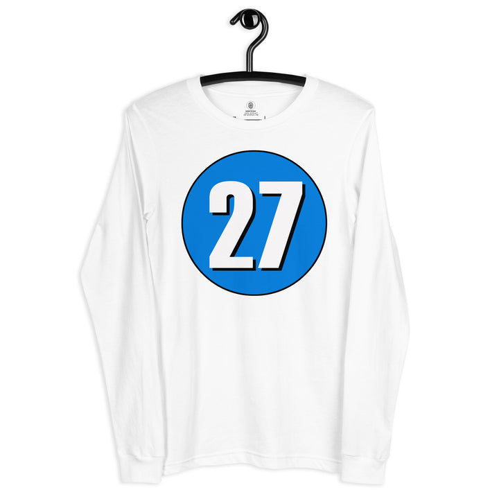 Unisex Long Sleeve Tee: White on Blue 27