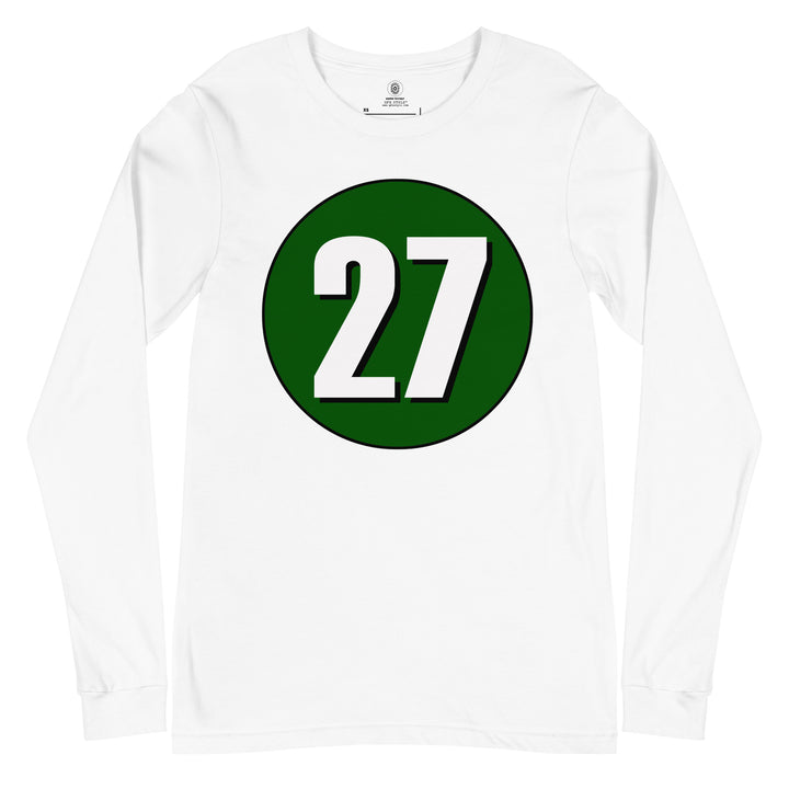 Unisex Long Sleeve Tee: White on Hunter Green 27