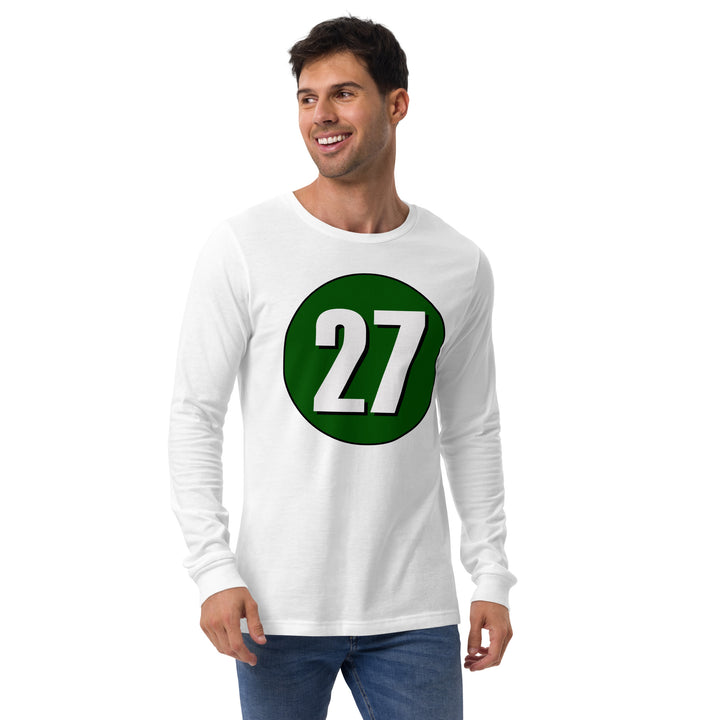 Unisex Long Sleeve Tee: White on Hunter Green 27