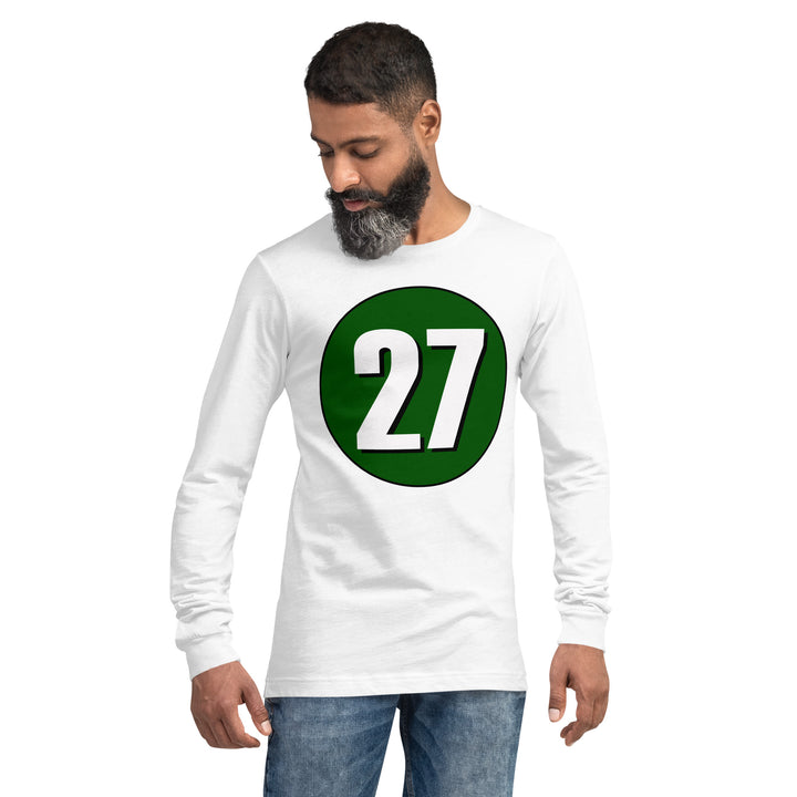 Unisex Long Sleeve Tee: White on Hunter Green 27