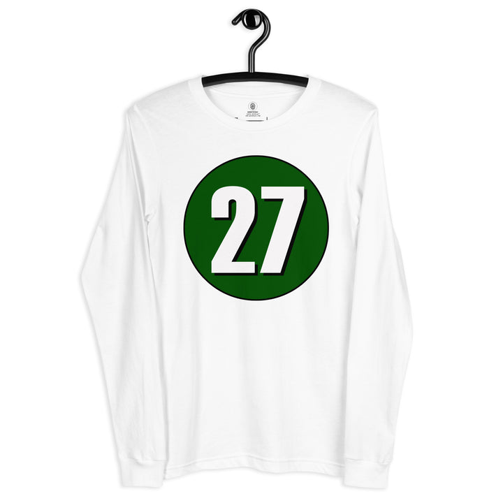 Unisex Long Sleeve Tee: White on Hunter Green 27