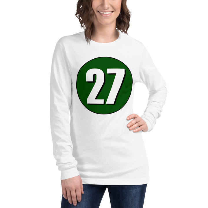 Unisex Long Sleeve Tee: White on Hunter Green 27