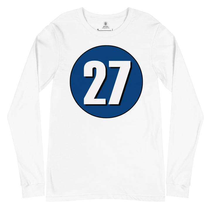 Unisex Long Sleeve Tee: White on Navy Blue 27