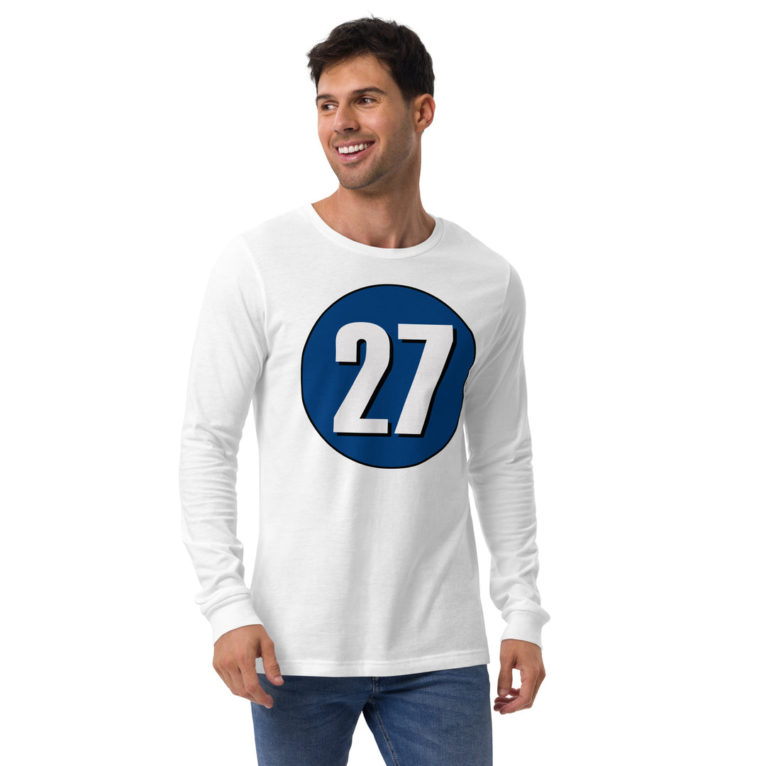 Unisex Long Sleeve Tee: White on Navy Blue 27