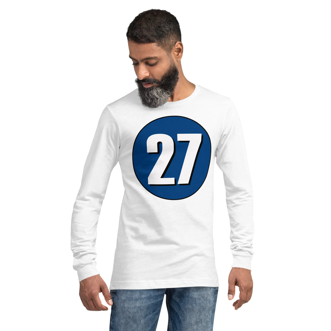 Unisex Long Sleeve Tee: White on Navy Blue 27