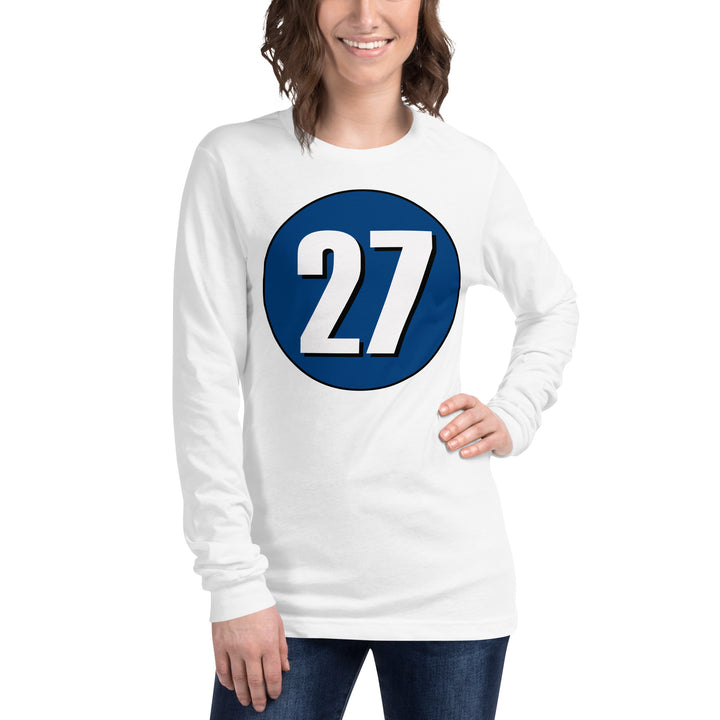 Unisex Long Sleeve Tee: White on Navy Blue 27