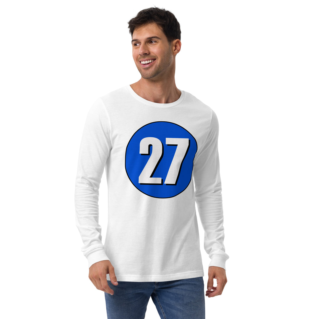 Unisex Long Sleeve Tee: White on Periwinkle 27