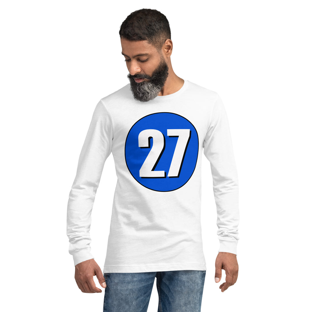 Unisex Long Sleeve Tee: White on Periwinkle 27