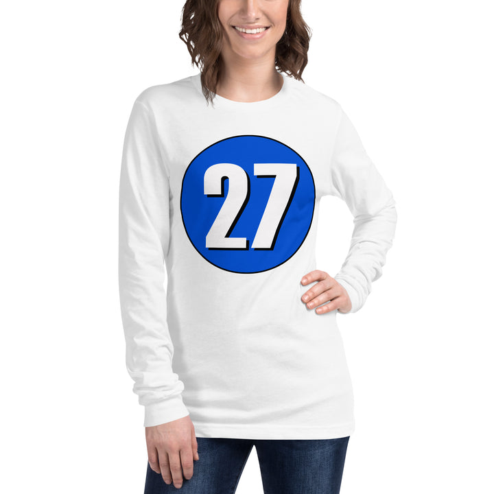 Unisex Long Sleeve Tee: White on Periwinkle 27