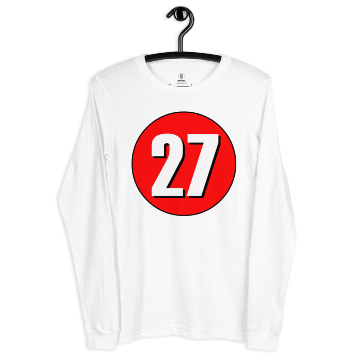 Unisex Long Sleeve Tee: White on Red 27