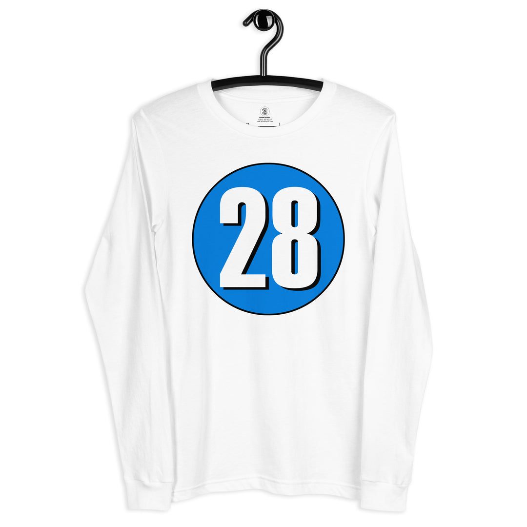 Unisex Long Sleeve Tee: White on Blue 28