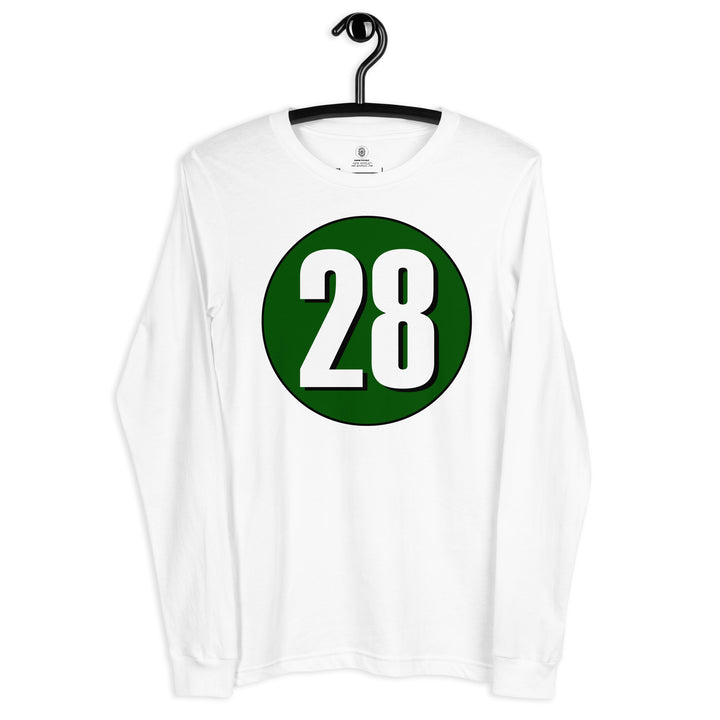 Unisex Long Sleeve Tee: White on Hunter Green 28