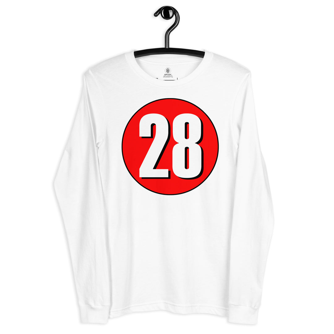 Unisex Long Sleeve Tee: White on Red 28