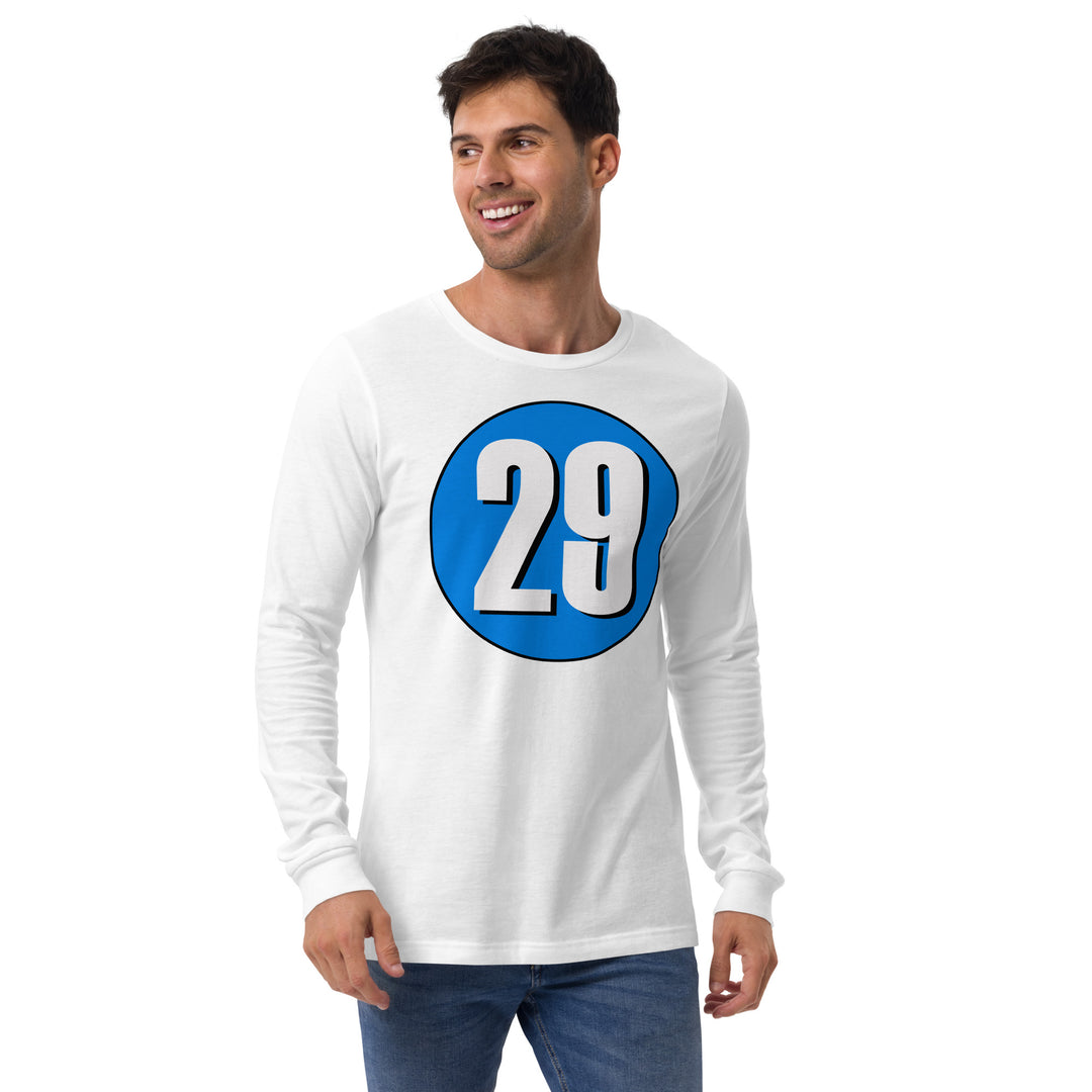 Unisex Long Sleeve Tee: White on Blue 29