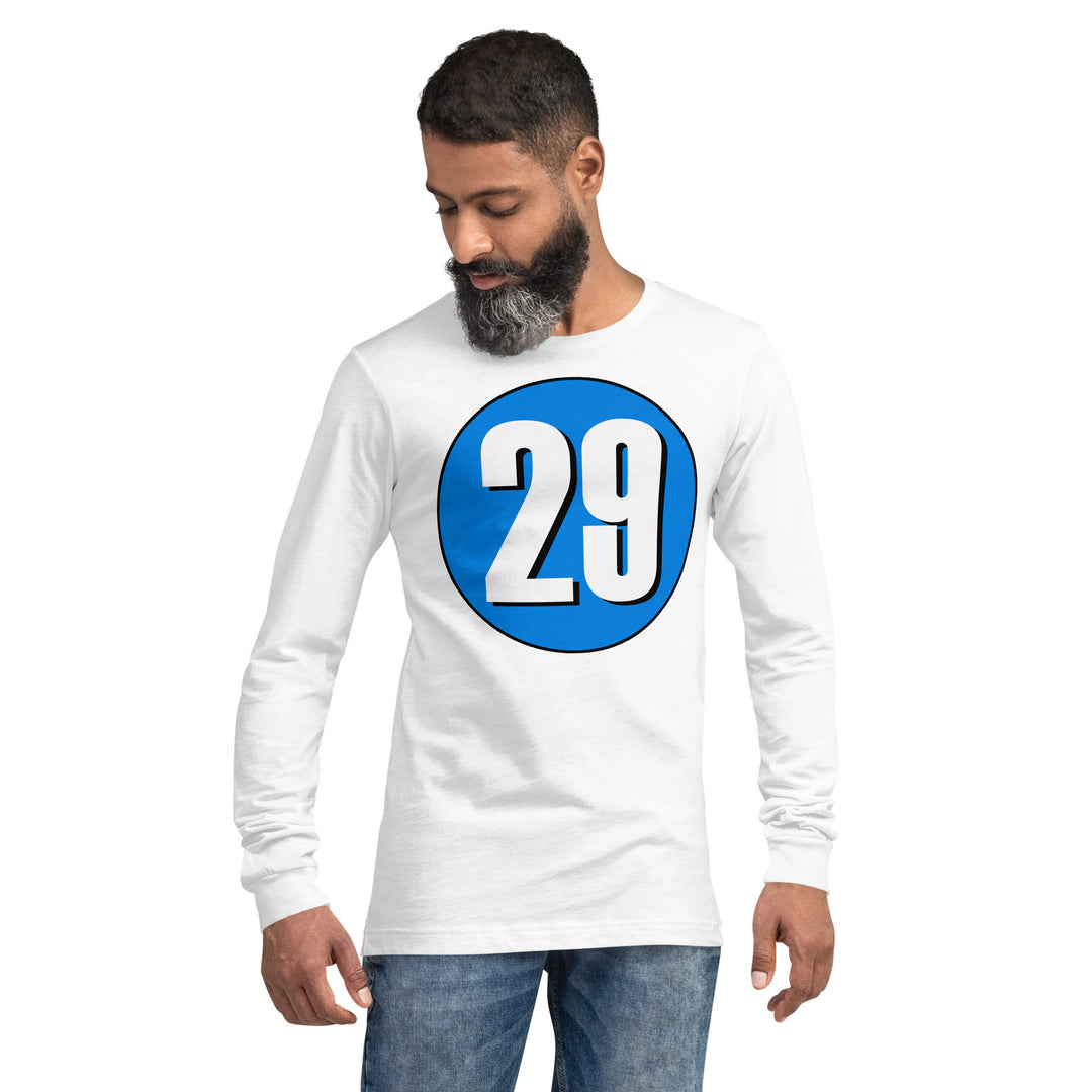 Unisex Long Sleeve Tee: White on Blue 29