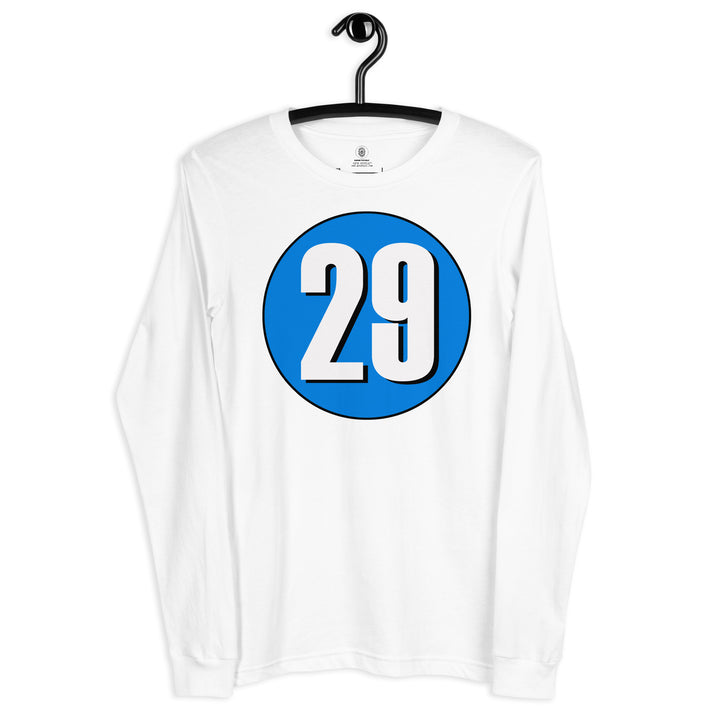 Unisex Long Sleeve Tee: White on Blue 29