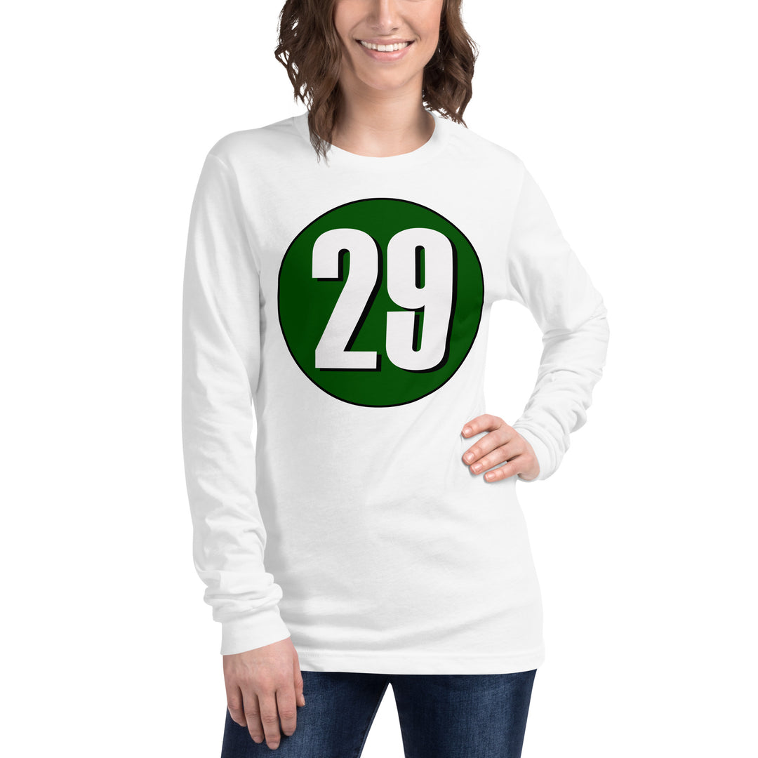 Unisex Long Sleeve Tee: White on Hunter Green 29