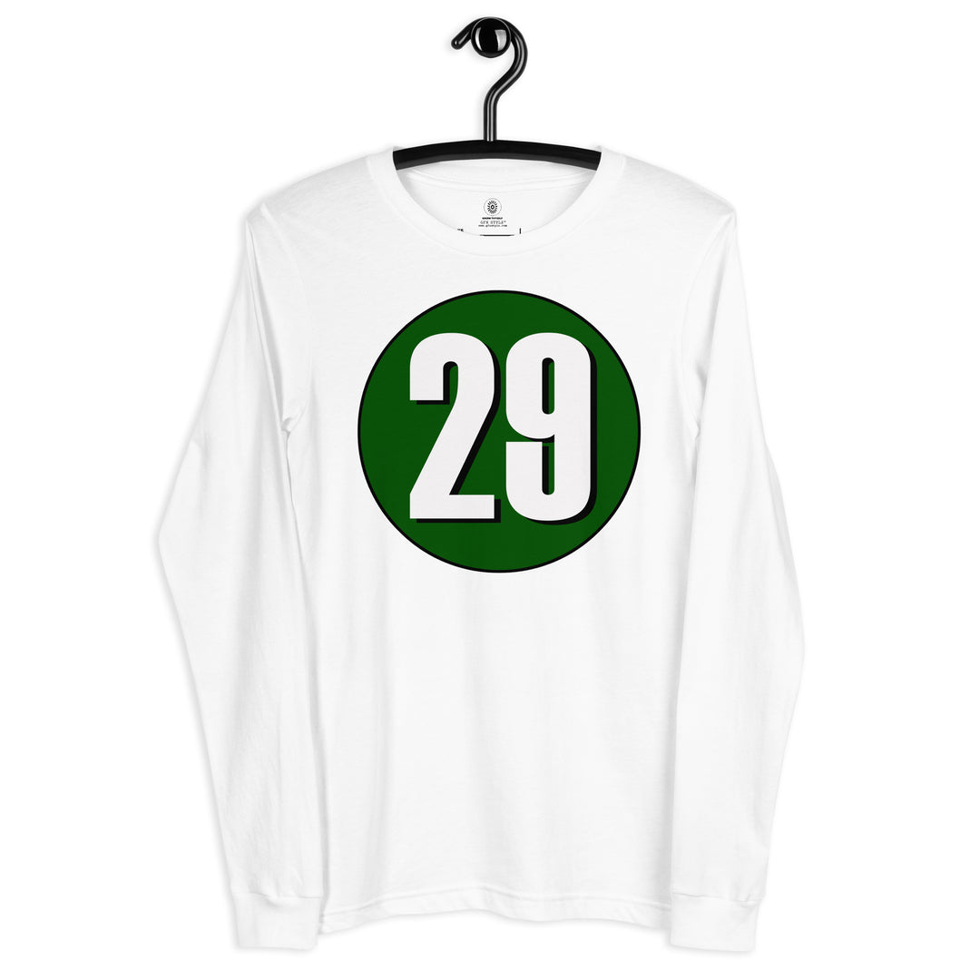 Unisex Long Sleeve Tee: White on Hunter Green 29