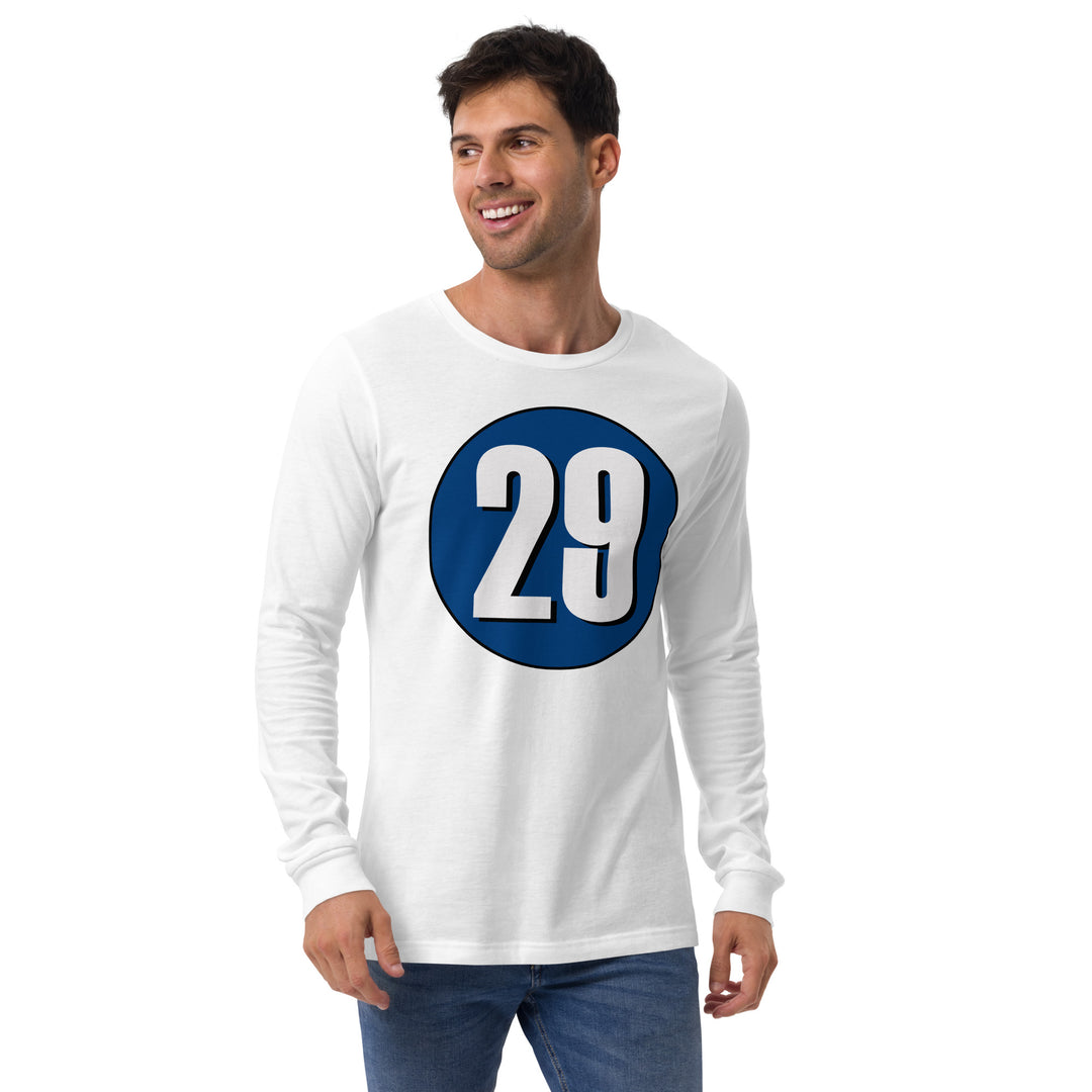 Unisex Long Sleeve Tee: White on Navy Blue 29