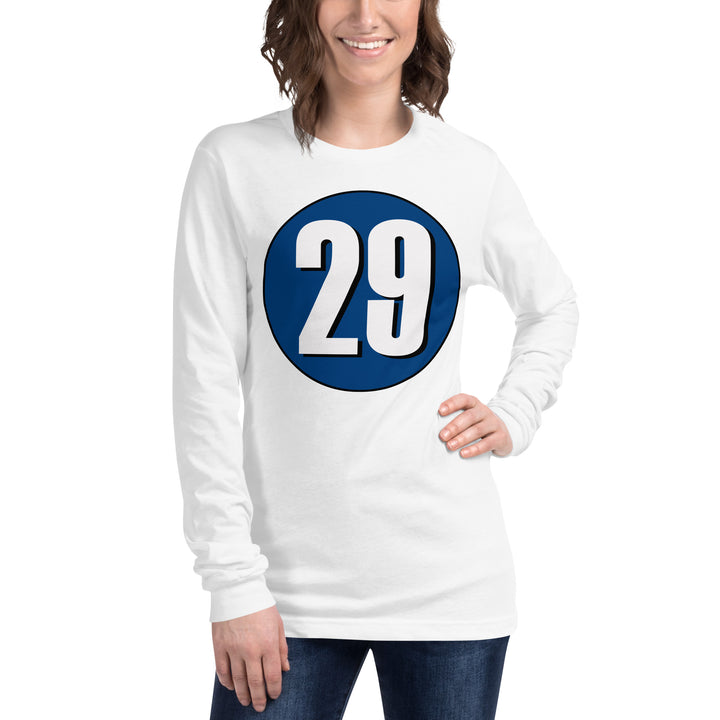 Unisex Long Sleeve Tee: White on Navy Blue 29