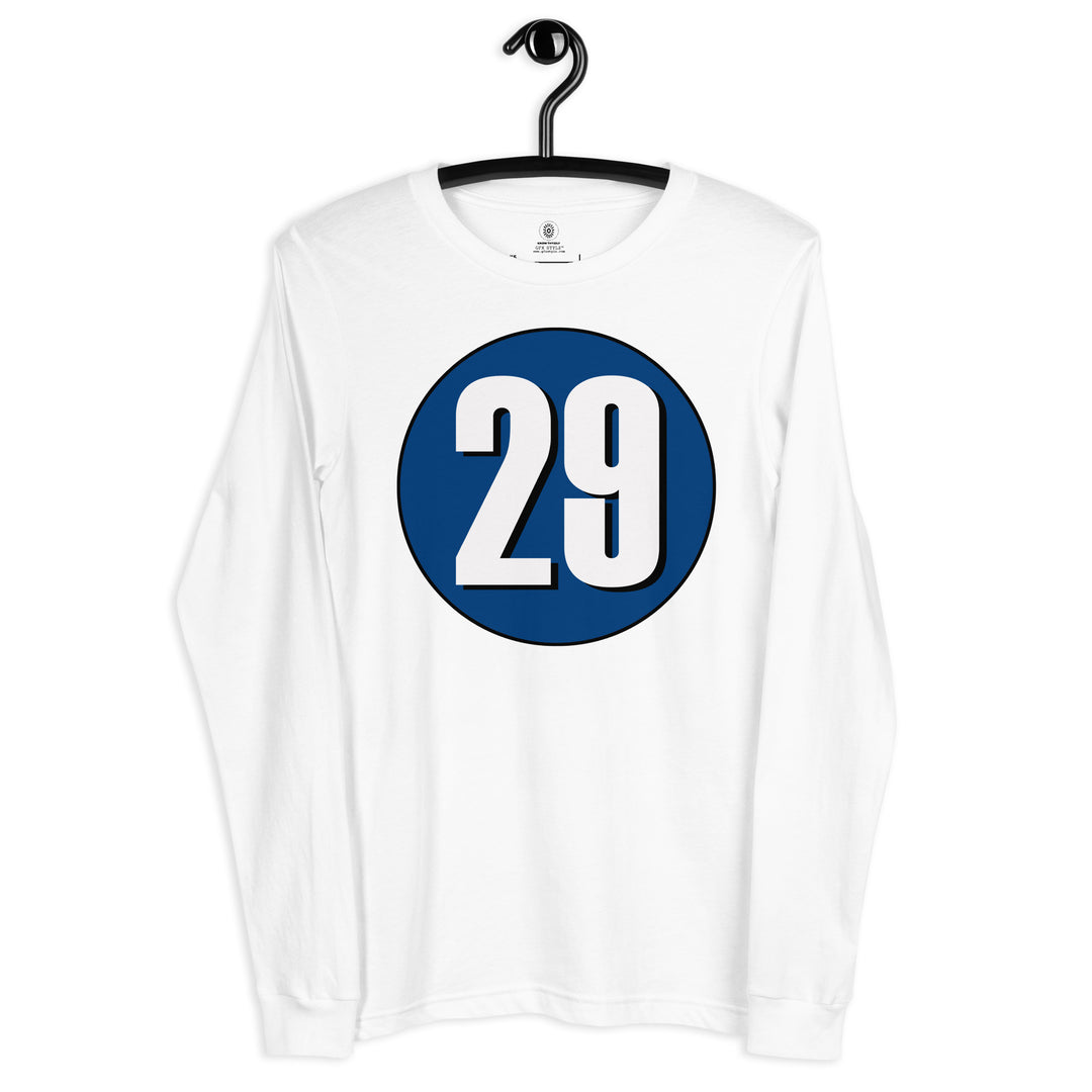 Unisex Long Sleeve Tee: White on Navy Blue 29