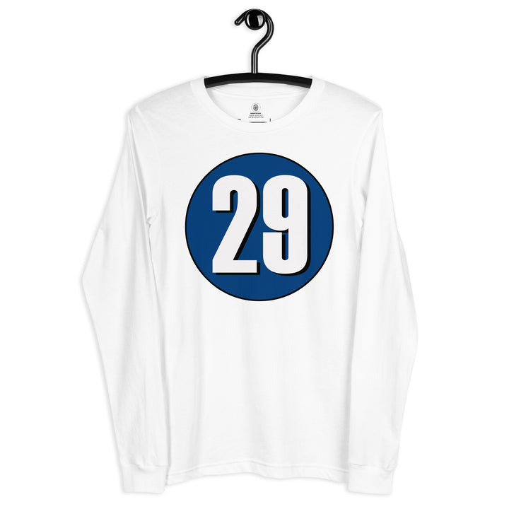 Unisex Long Sleeve Tee: White on Navy Blue 29