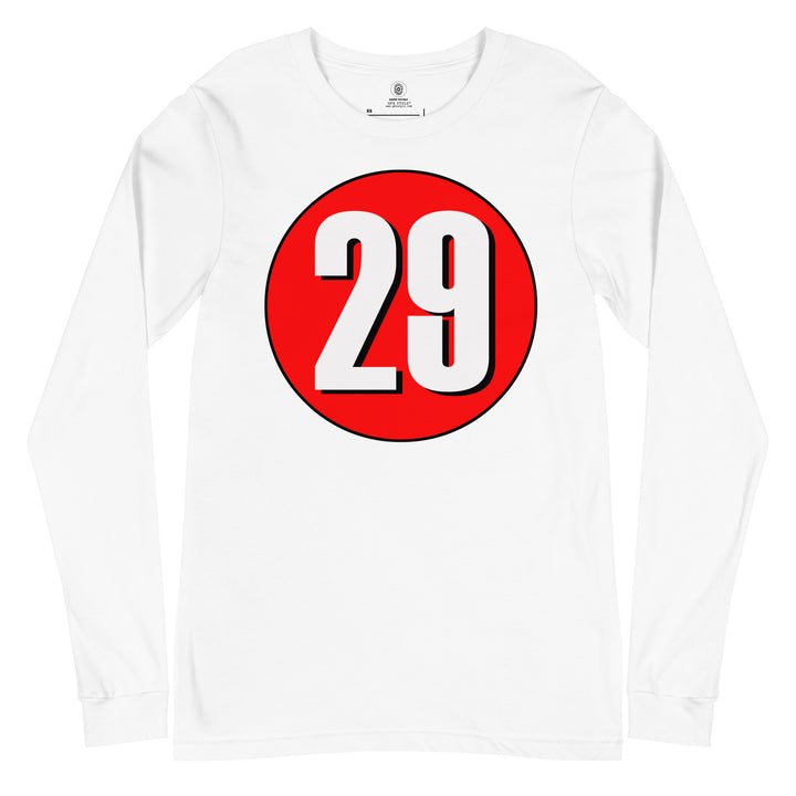 Unisex Long Sleeve Tee: White on Red 29