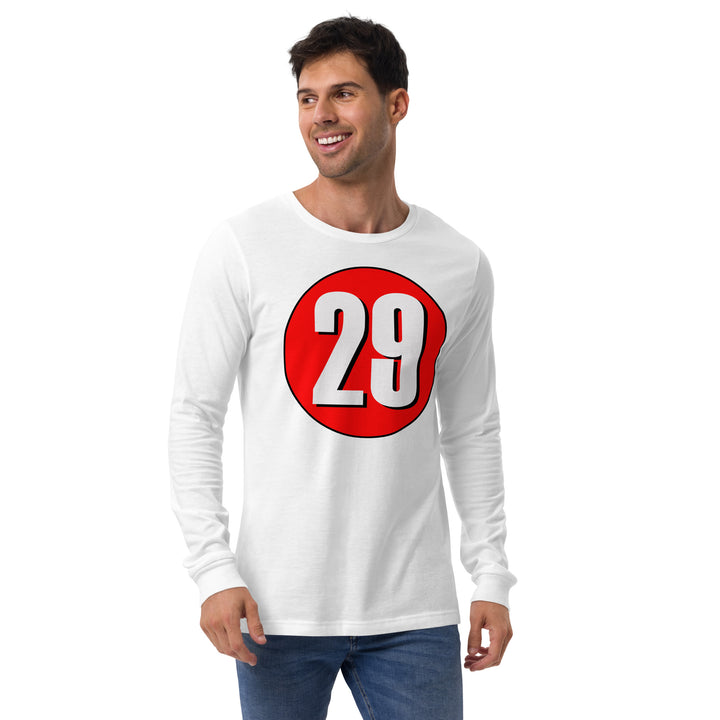 Unisex Long Sleeve Tee: White on Red 29