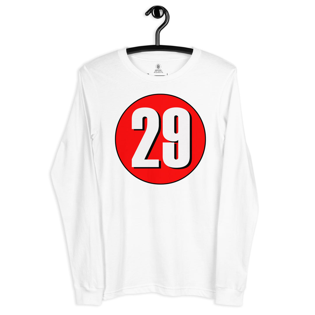 Unisex Long Sleeve Tee: White on Red 29