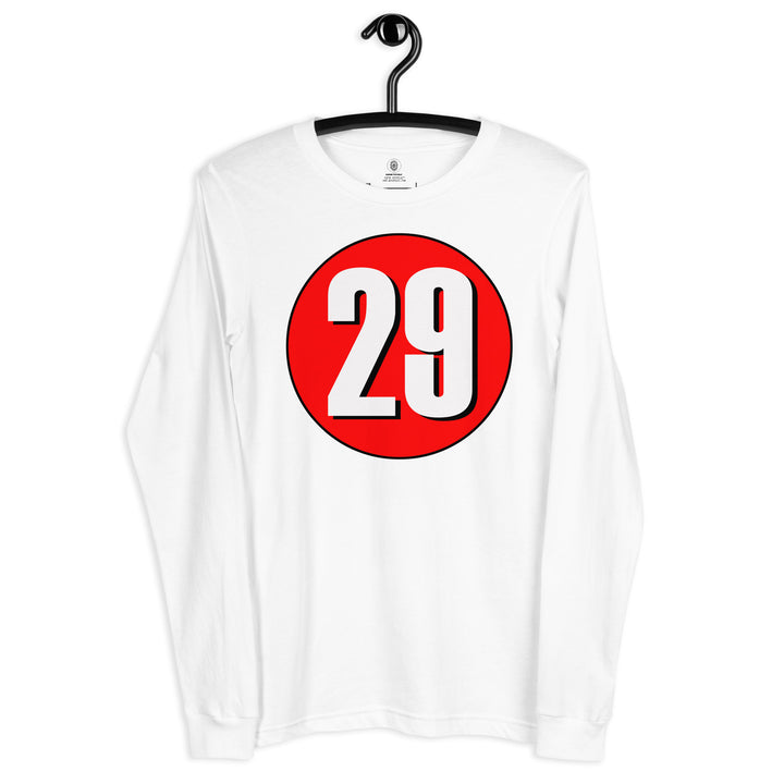 Unisex Long Sleeve Tee: White on Red 29